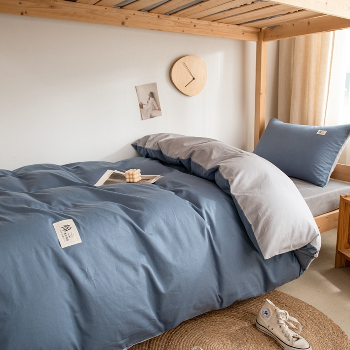 91家纺网 家纺一手货源 找家纺 杜先生 2023新款全棉学生宿舍上下铺色拼系列三件套 牛仔蓝-浅灰