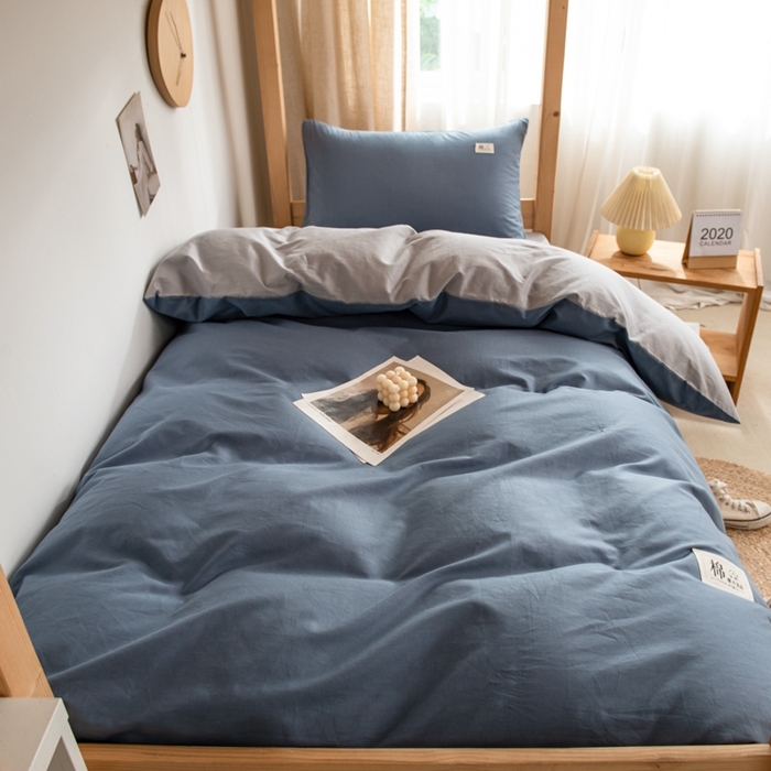 91家纺网 家纺一手货源 找家纺 杜先生 2023新款全棉学生宿舍上下铺色拼系列三件套 牛仔蓝-浅灰