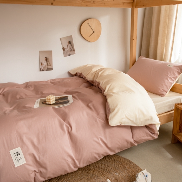 91家纺网 家纺一手货源 找家纺 杜先生 2023新款全棉学生宿舍上下铺色拼系列三件套 藕粉-奶茶