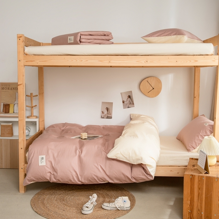 91家纺网 家纺一手货源 找家纺 杜先生 2023新款全棉学生宿舍上下铺色拼系列三件套 藕粉-奶茶