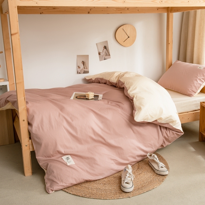 91家纺网 家纺一手货源 找家纺 杜先生 2023新款全棉学生宿舍上下铺色拼系列三件套 藕粉-奶茶