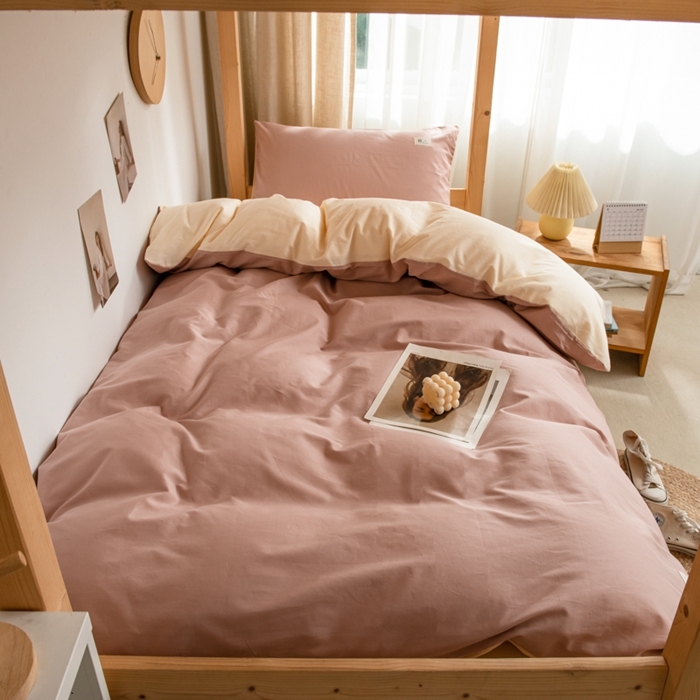 91家纺网 家纺一手货源 找家纺 杜先生 2023新款全棉学生宿舍上下铺色拼系列三件套 藕粉-奶茶