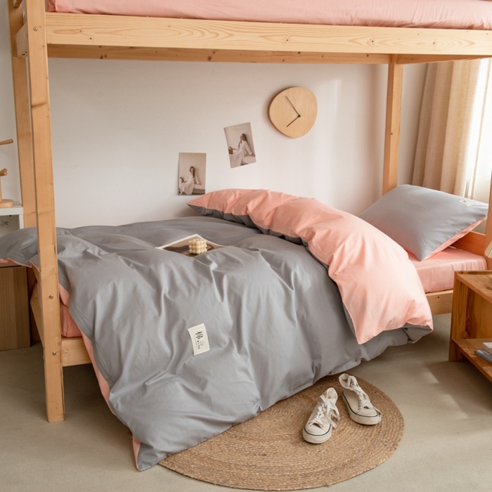 91家纺网 家纺一手货源 找家纺 杜先生 2023新款全棉学生宿舍上下铺色拼系列三件套 浅灰-初恋粉