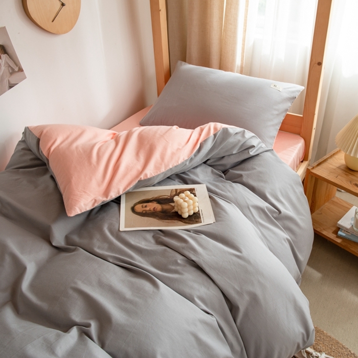 91家纺网 家纺一手货源 找家纺 杜先生 2023新款全棉学生宿舍上下铺色拼系列三件套 浅灰-初恋粉