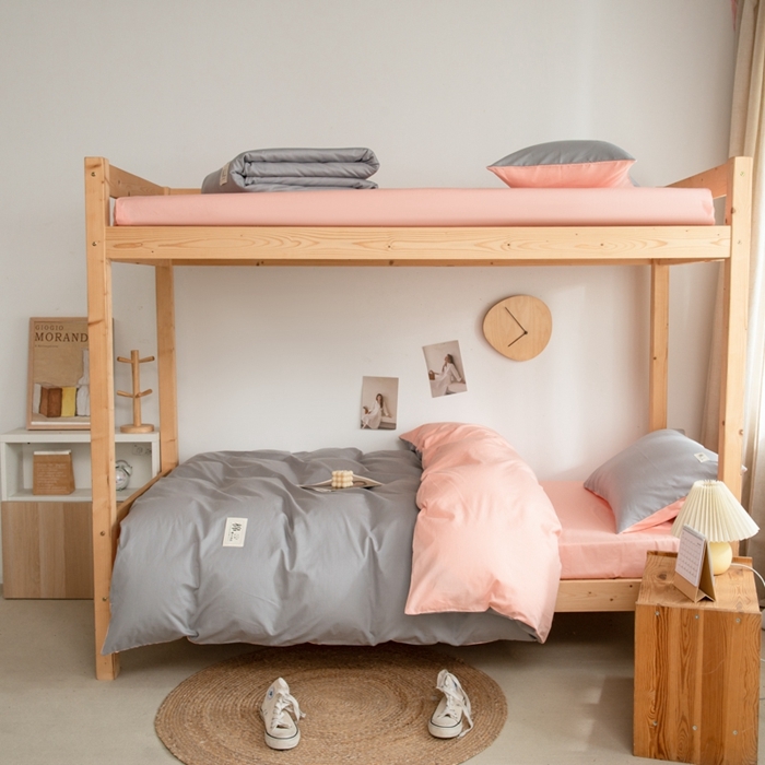 91家纺网 家纺一手货源 找家纺 杜先生 2023新款全棉学生宿舍上下铺色拼系列三件套 浅灰-初恋粉