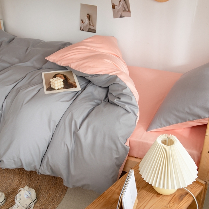 91家纺网 家纺一手货源 找家纺 杜先生 2023新款全棉学生宿舍上下铺色拼系列三件套 浅灰-初恋粉
