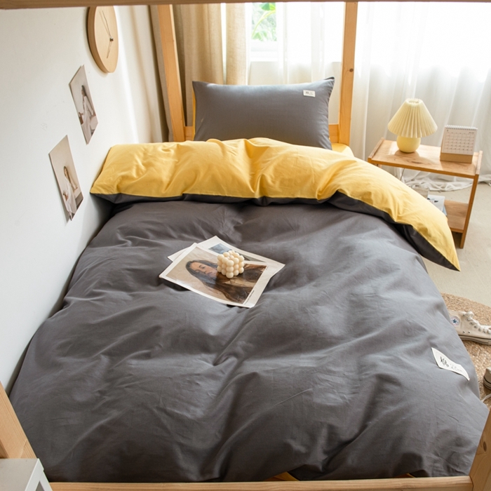 91家纺网 家纺一手货源 找家纺 杜先生 2023新款全棉学生宿舍上下铺色拼系列三件套 深灰-姜黄