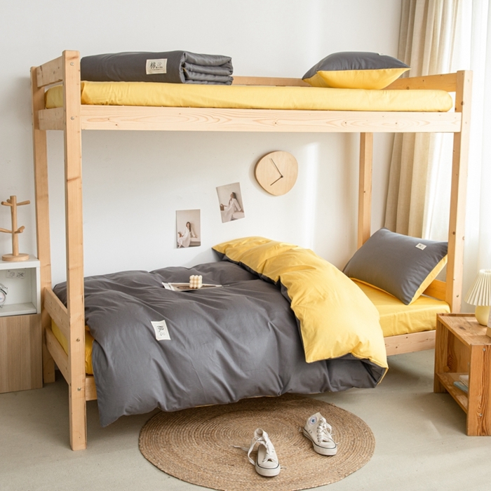 91家纺网 家纺一手货源 找家纺 杜先生 2023新款全棉学生宿舍上下铺色拼系列三件套 深灰-姜黄