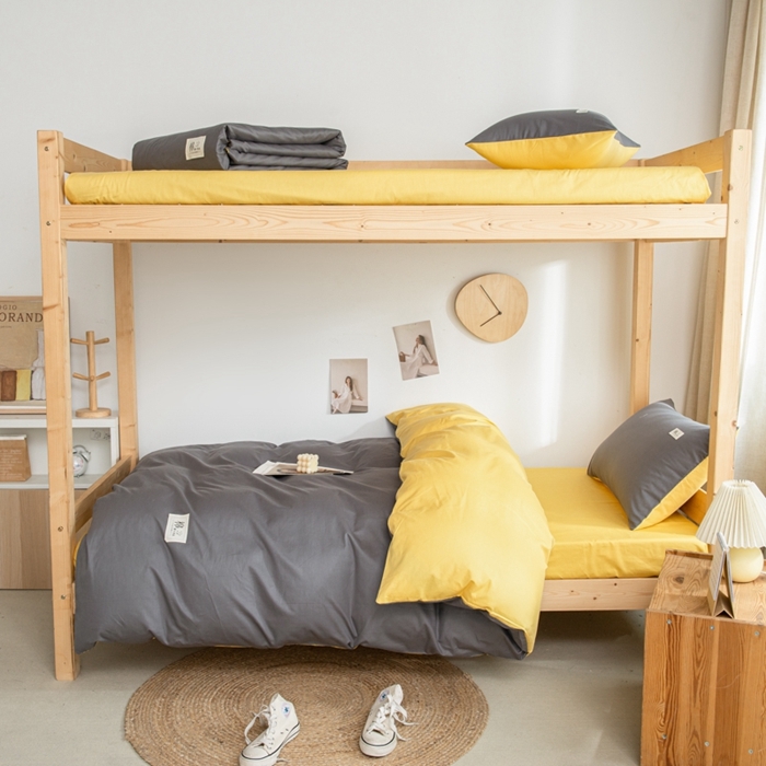 91家纺网 家纺一手货源 找家纺 杜先生 2023新款全棉学生宿舍上下铺色拼系列三件套 深灰-姜黄