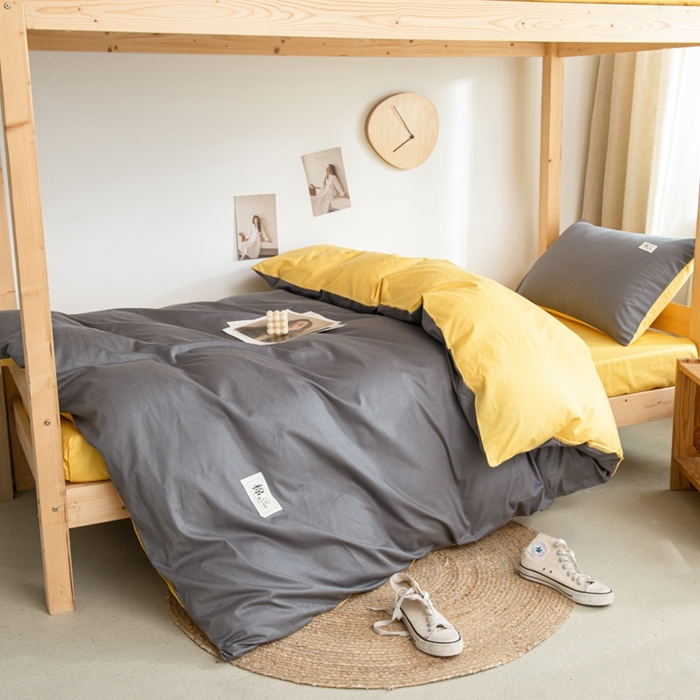 91家纺网 家纺一手货源 找家纺 杜先生 2023新款全棉学生宿舍上下铺色拼系列三件套 深灰-姜黄