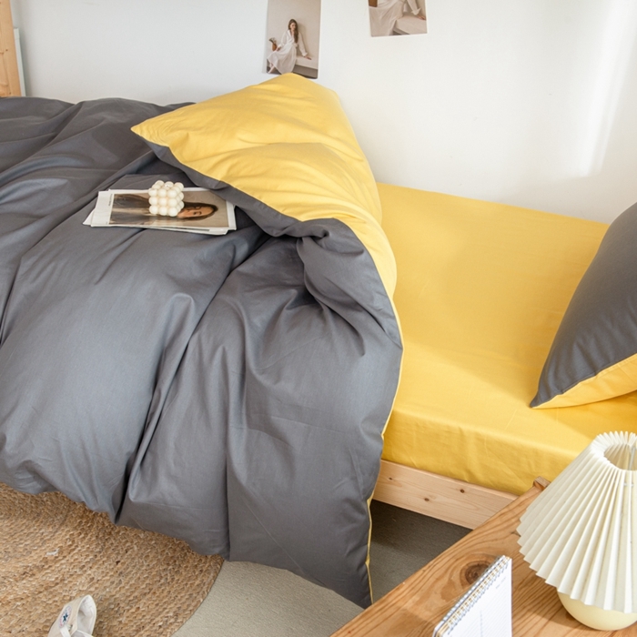 91家纺网 家纺一手货源 找家纺 杜先生 2023新款全棉学生宿舍上下铺色拼系列三件套 深灰-姜黄