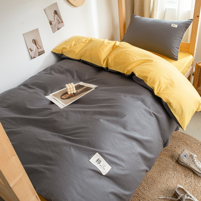 91家纺网 家纺一手货源 找家纺 杜先生 2023新款全棉学生宿舍上下铺色拼系列三件套 深灰-姜黄