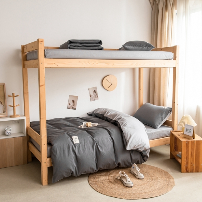 91家纺网 家纺一手货源 找家纺 杜先生 2023新款全棉学生宿舍上下铺色拼系列三件套 深灰-浅灰