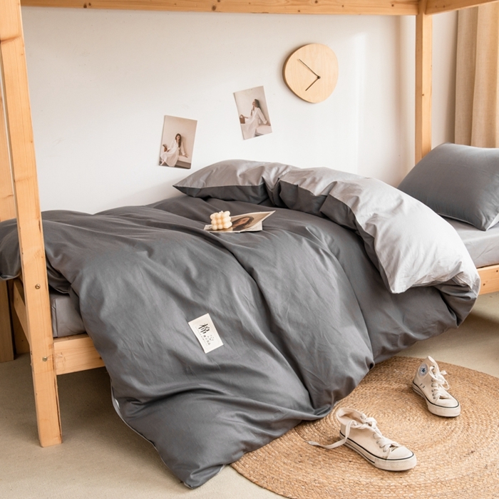 91家纺网 家纺一手货源 找家纺 杜先生 2023新款全棉学生宿舍上下铺色拼系列三件套 深灰-浅灰