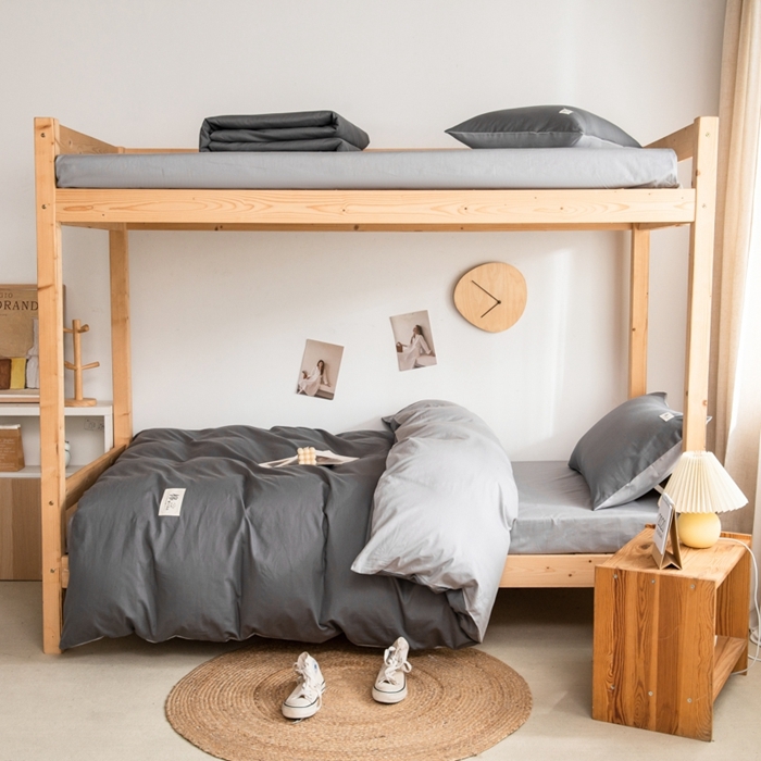 91家纺网 家纺一手货源 找家纺 杜先生 2023新款全棉学生宿舍上下铺色拼系列三件套 深灰-浅灰