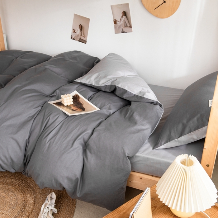 91家纺网 家纺一手货源 找家纺 杜先生 2023新款全棉学生宿舍上下铺色拼系列三件套 深灰-浅灰