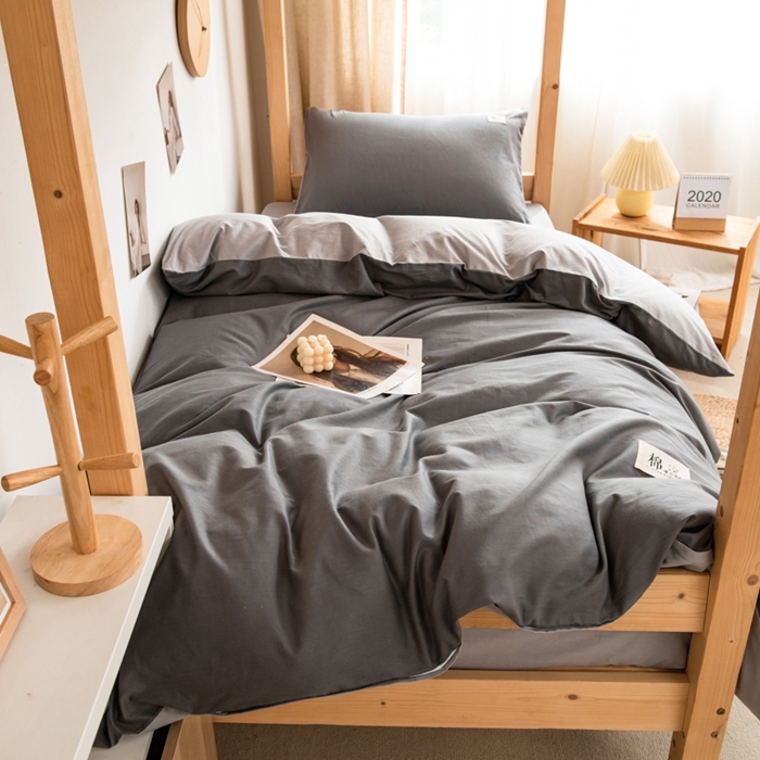 91家纺网 家纺一手货源 找家纺 杜先生 2023新款全棉学生宿舍上下铺色拼系列三件套 深灰-浅灰