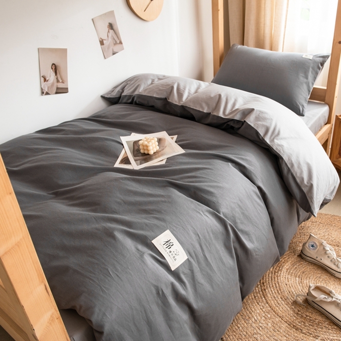 91家纺网 家纺一手货源 找家纺 杜先生 2023新款全棉学生宿舍上下铺色拼系列三件套 深灰-浅灰