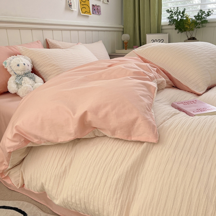 91家纺网 家纺一手货源 找家纺 雅居纺 2022新款全棉13372泡泡纱四件套 泡泡纱苏桃粉