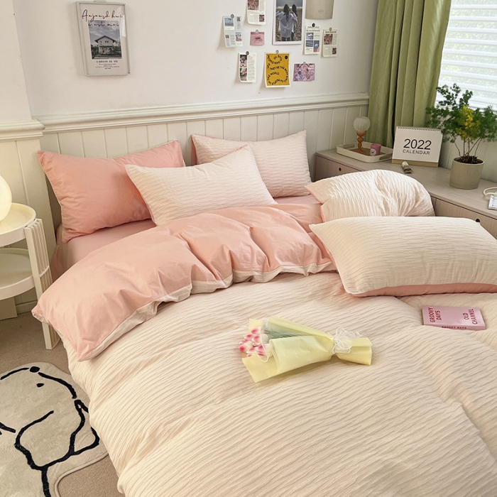 91家纺网 家纺一手货源 找家纺 雅居纺 2022新款全棉13372泡泡纱四件套 泡泡纱苏桃粉