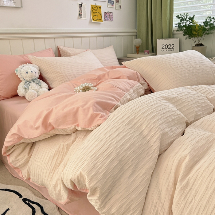 91家纺网 家纺一手货源 找家纺 雅居纺 2022新款全棉13372泡泡纱四件套 泡泡纱苏桃粉