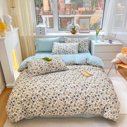 91家纺网 家纺一手货源 找家纺 优彩 2022全棉13372法式田园风情浪漫碎花四件套 蓝茵