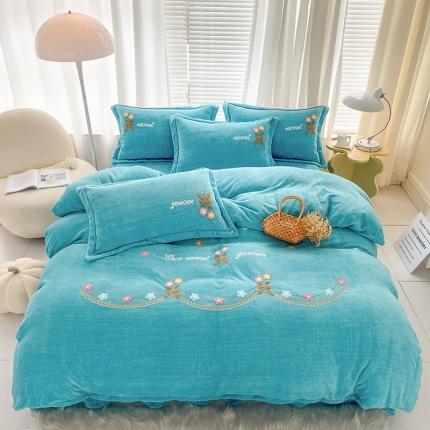 91家纺网 家纺一手货源 找家纺 云锦22新肌理纹高克重200克牛奶绒毛巾绣四件套花开朵朵孔蓝