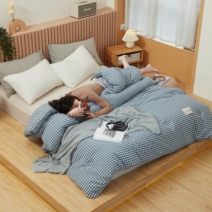 91家纺网 家纺一手货源 找家纺 莱宁被业 2022新款日式色织水洗棉冬被 蓝小格