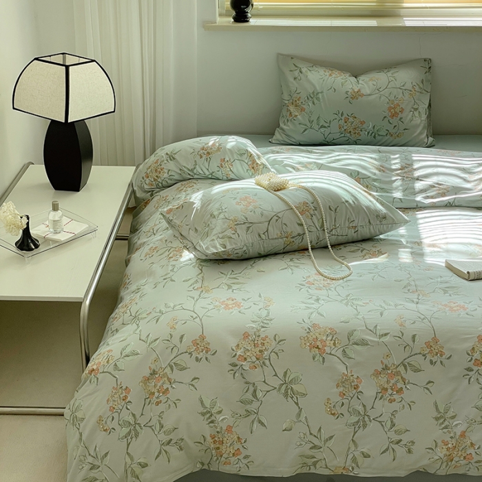 91家纺网 家纺一手货源 找家纺 窝米 2022秋季新品全棉13370花卉系列四件套 蓝琳