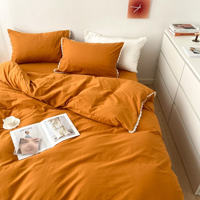 91家纺网 家纺一手货源 找家纺 梦家居 2022韩国花边款色织全棉水洗棉四件套 南瓜色