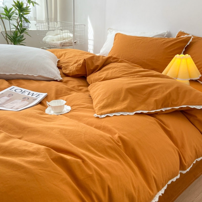 91家纺网 家纺一手货源 找家纺 梦家居 2022韩国花边款色织全棉水洗棉四件套 南瓜色