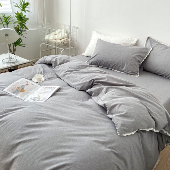 91家纺网 家纺一手货源 找家纺 梦家居 2022韩国花边款色织全棉水洗棉四件套 浅灰色
