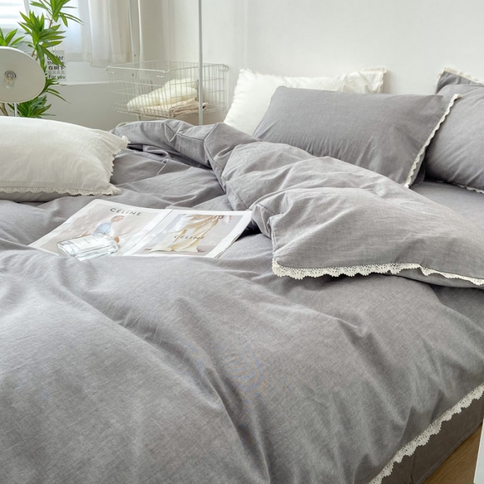91家纺网 家纺一手货源 找家纺 梦家居 2022韩国花边款色织全棉水洗棉四件套 浅灰色