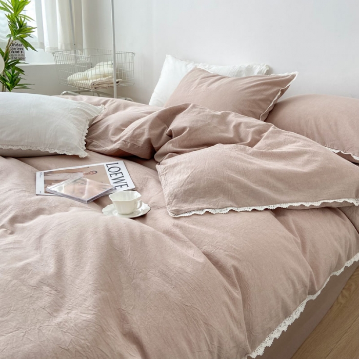 91家纺网 家纺一手货源 找家纺 梦家居 2022韩国花边款色织全棉水洗棉四件套 浅咖色