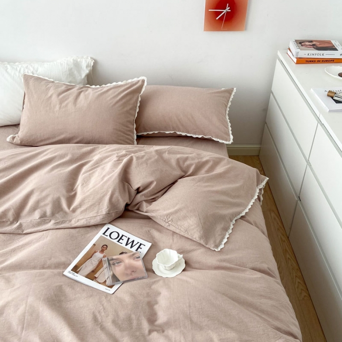 91家纺网 家纺一手货源 找家纺 梦家居 2022韩国花边款色织全棉水洗棉四件套 浅咖色