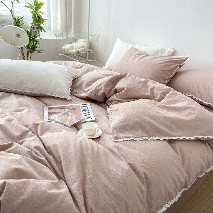 91家纺网 家纺一手货源 找家纺 梦家居 2022韩国花边款色织全棉水洗棉四件套 浅咖色