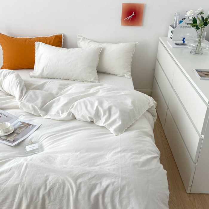 91家纺网 家纺一手货源 找家纺 梦家居 2022韩国花边款色织全棉水洗棉四件套 象牙白