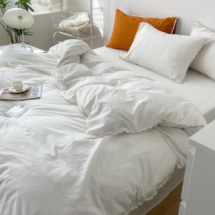 91家纺网 家纺一手货源 找家纺 梦家居 2022韩国花边款色织全棉水洗棉四件套 象牙白