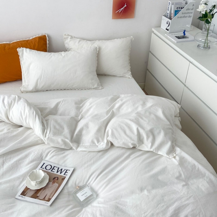 91家纺网 家纺一手货源 找家纺 梦家居 2022韩国花边款色织全棉水洗棉四件套 象牙白