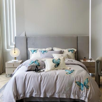 91家纺网 家纺一手货源 找家纺 初拾2022新款100支澳棉轻奢刺绣四件套—蝶舞系列 时尚灰