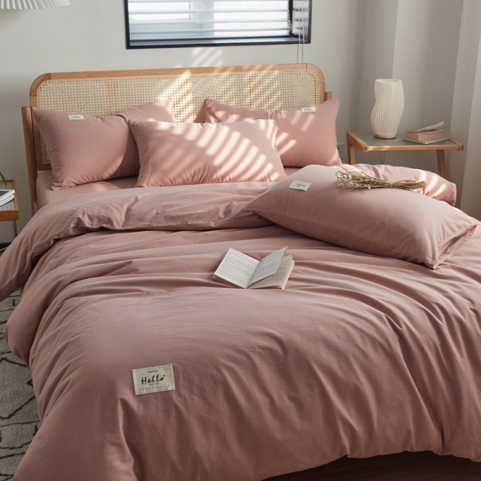 91家纺网 家纺一手货源 找家纺 ab家纺 2022新款全棉水洗棉四件套（格子+素色） 豆沙