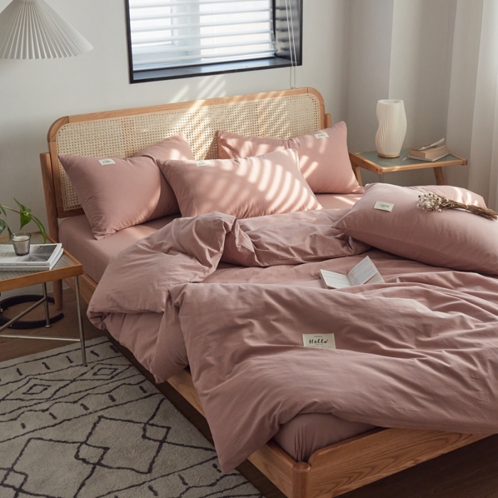 91家纺网 家纺一手货源 找家纺 ab家纺 2022新款全棉水洗棉四件套（格子+素色） 豆沙