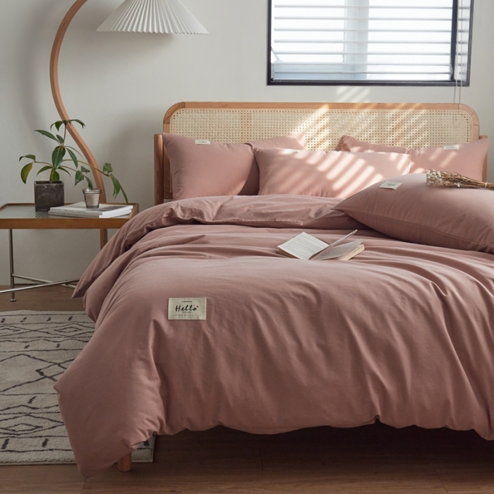 91家纺网 家纺一手货源 找家纺 ab家纺 2022新款全棉水洗棉四件套（格子+素色） 豆沙