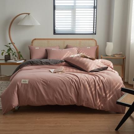 ab家纺 2022新款全棉水洗棉四件套（格子+素色） 豆沙深灰