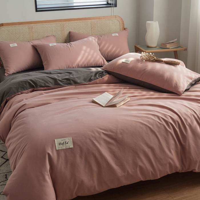 91家纺网 家纺一手货源 找家纺 ab家纺 2022新款全棉水洗棉四件套（格子+素色） 豆沙深灰