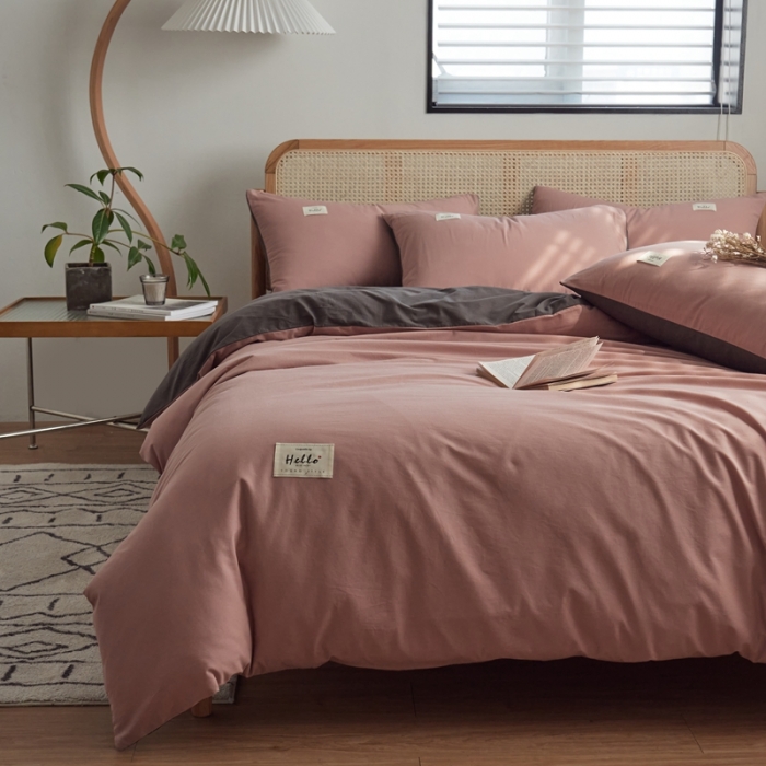 91家纺网 家纺一手货源 找家纺 ab家纺 2022新款全棉水洗棉四件套（格子+素色） 豆沙深灰