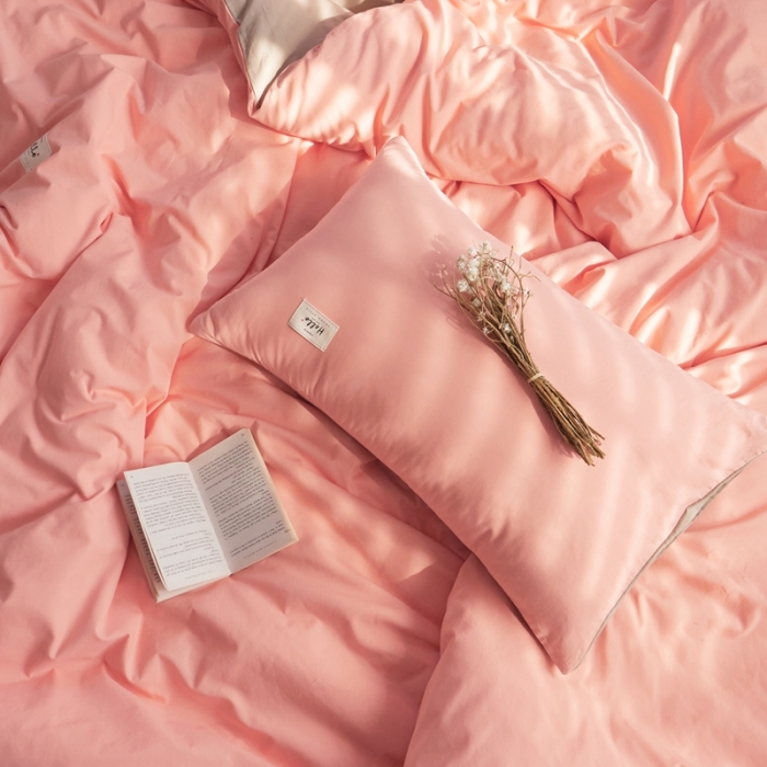 91家纺网 家纺一手货源 找家纺 ab家纺 2022新款全棉水洗棉四件套（格子+素色） 粉卡其