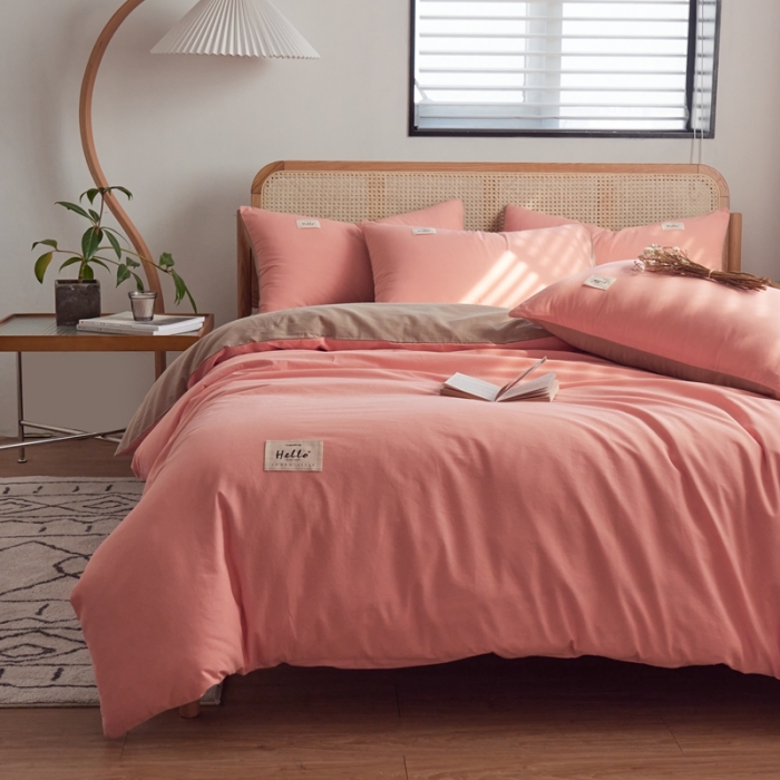 91家纺网 家纺一手货源 找家纺 ab家纺 2022新款全棉水洗棉四件套（格子+素色） 粉卡其