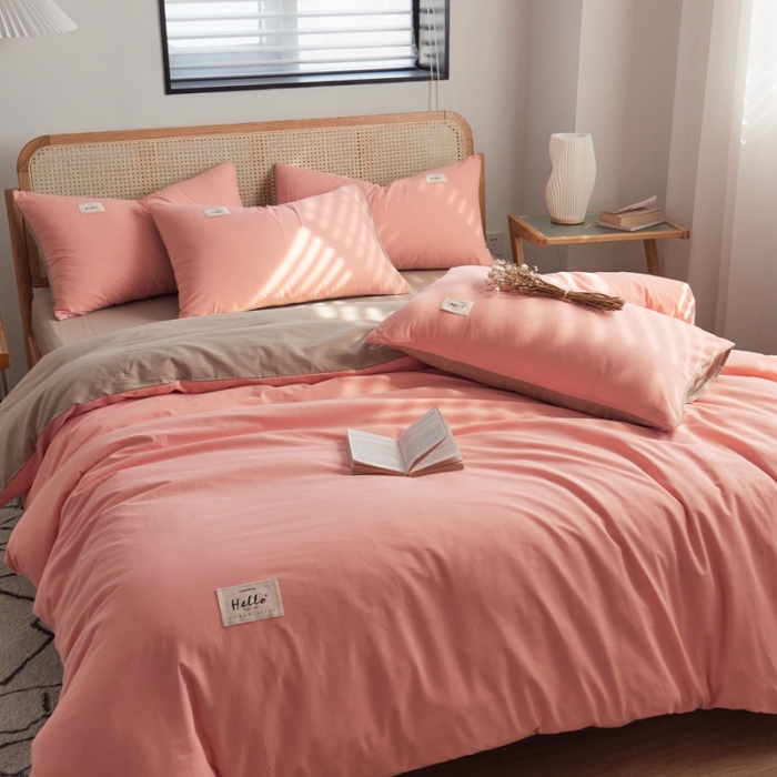 91家纺网 家纺一手货源 找家纺 ab家纺 2022新款全棉水洗棉四件套（格子+素色） 粉卡其