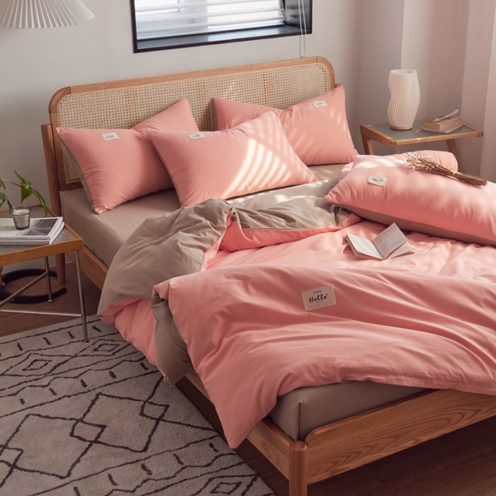 91家纺网 家纺一手货源 找家纺 ab家纺 2022新款全棉水洗棉四件套（格子+素色） 粉卡其